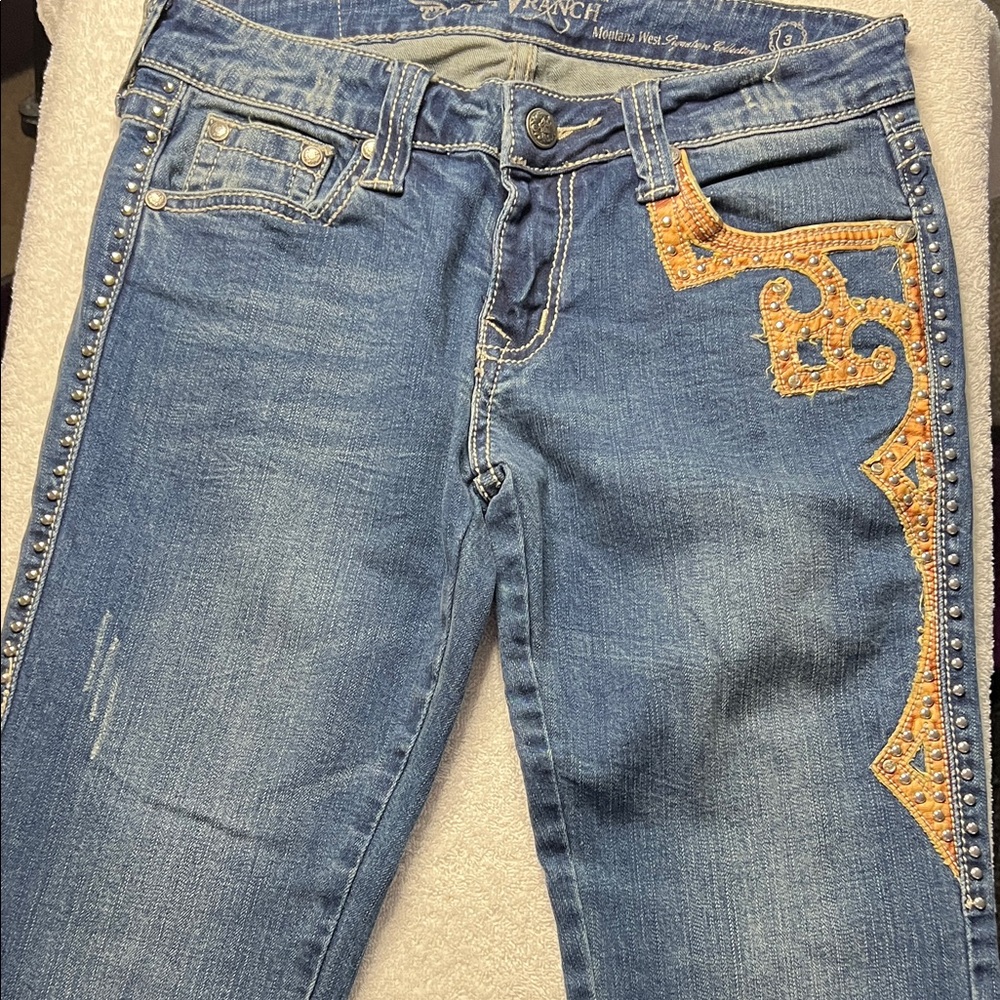 Montana West stretch Denim Blue Jeans with Tan leather Accents & studded designs